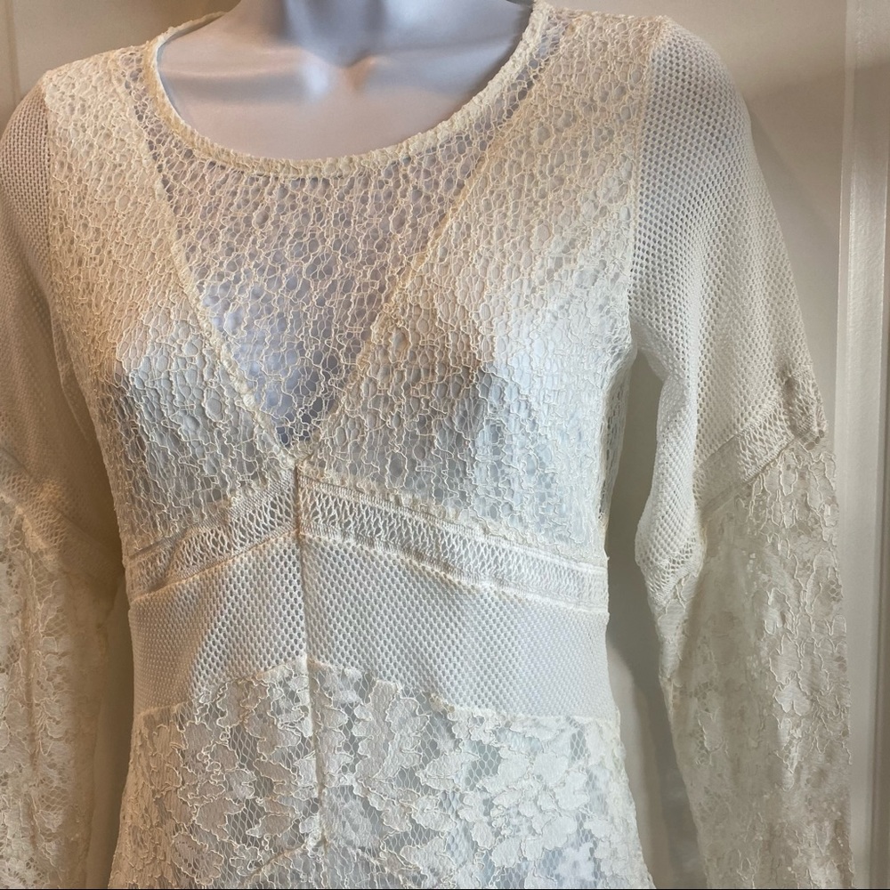 Off White Patchwork Lace Long Sleeve Bodycon Dress - image 4